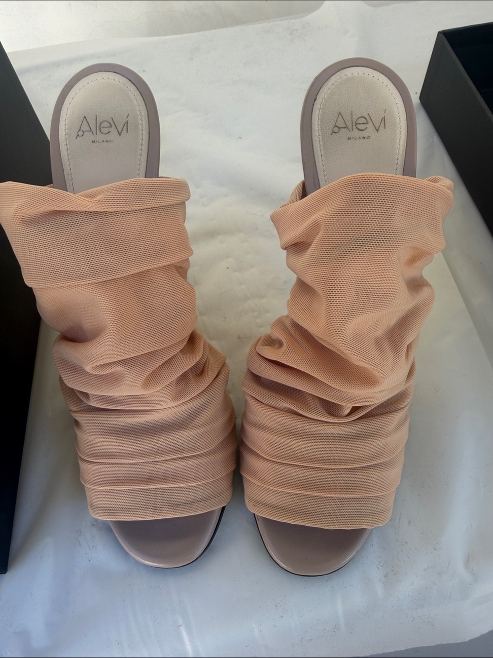 Peach Ruched Mesh Slide Mules